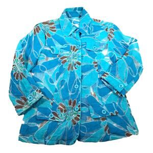 Shacket Shirt Blue Black Burnout Women's Size M L Floral 3/4 Sleeve Semi-sheer